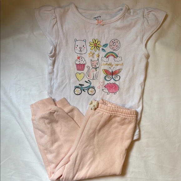 Carter's white body suit with design and pale pink sweatpants - Picture 1 of 8